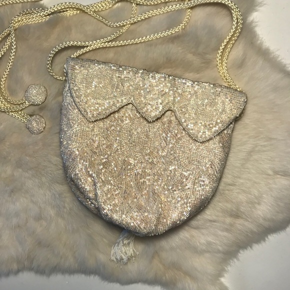 Vintage Handbags - “Victorian” Reticule Beaded Drawstring Bag Ivory